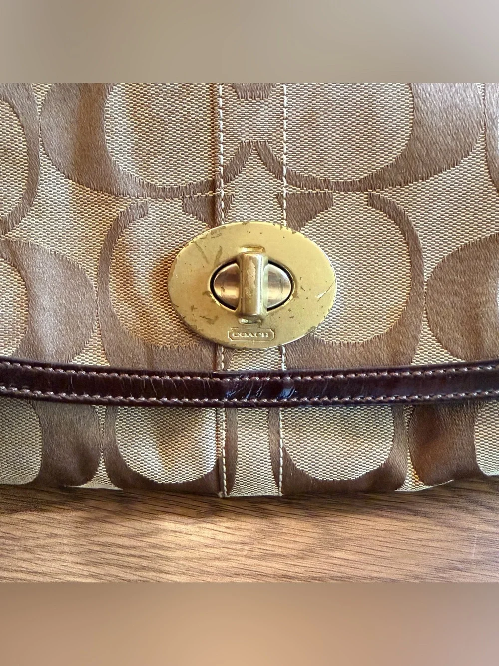 Coach Brown Signature Canvas Shoulder Bag with Gold-Tone Turnlock